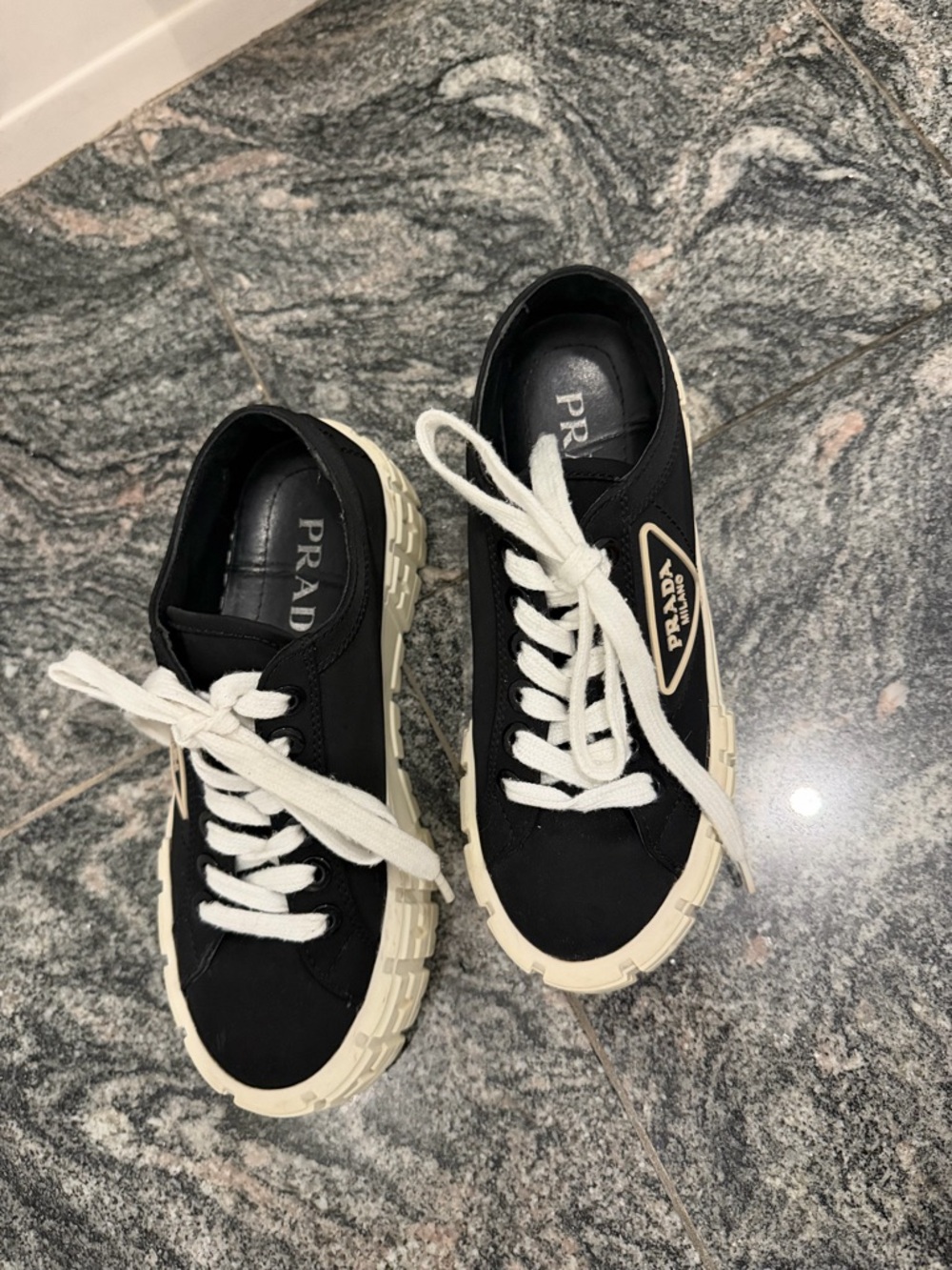 Prada Black Canvas Low-Top Sneakers with Cream Lug Sole - Picture 4 of 5